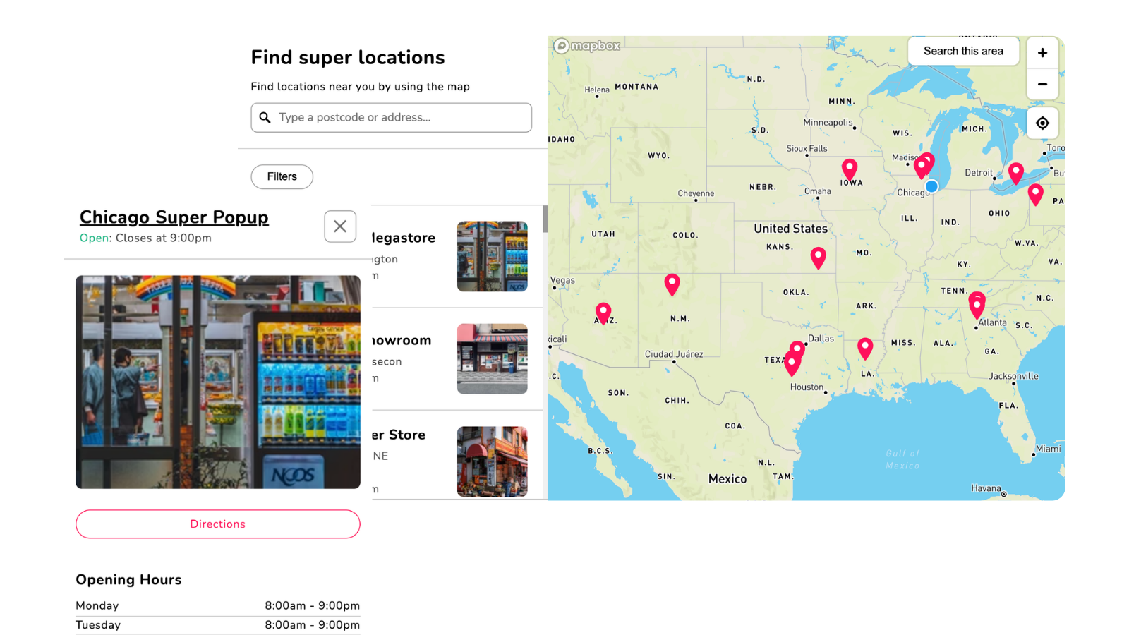 Locations So Super store locator: search, filters, location details and map